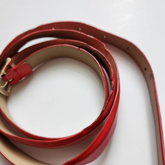 Vintage J Crew Factory Genuine Leather Skinny Red Belt Golden Buckle Size L - Picture 10 of 15